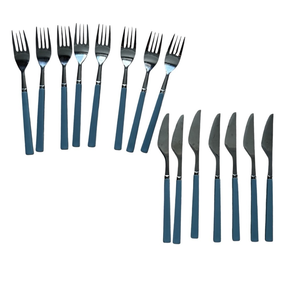 Vintage Melamine Set Stainless Steel Flatware Blue 7 Knives 8 Forks Set of 15